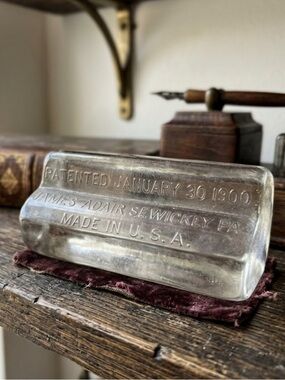 Antique Clear Glass Paperweight Embossed PATENT 1900 JAMES ADAIR Made in U.S.A.